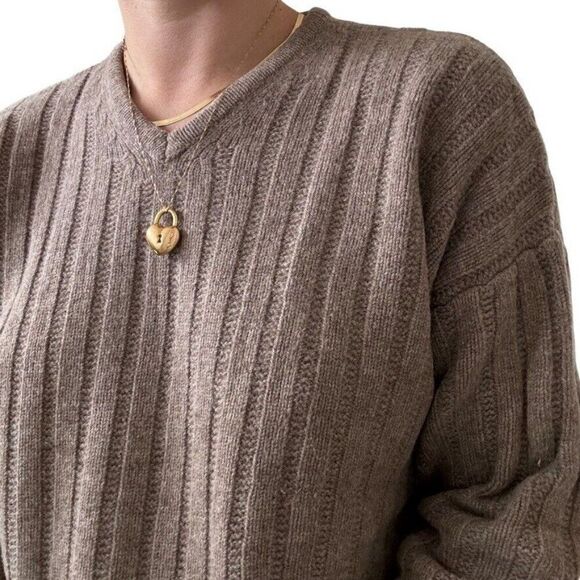Vintage J Crew Womens Tan Brown Ribbed 100% Wool V Neck Cropped Sweater Sz L - Picture 7 of 8